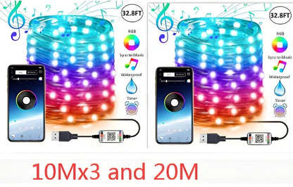 Programmable LED Christmas tree lights with app control showing custom colour animations on festive tree