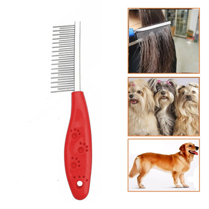 Red dematting comb with stainless steel pins, dual-length teeth, and plastic anti-slip handle for pet grooming