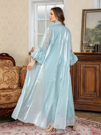 Dubai two-piece dress set with rhinestone straps in blue or brown with long sleeves and skirt