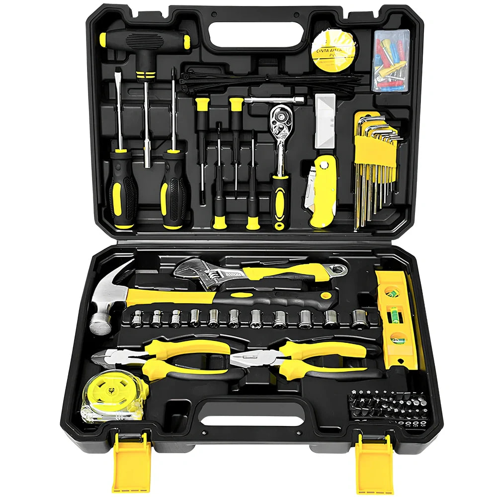 108-piece carbon steel tool set with sockets, wrenches, bits, tape measure, and hammer in toolbox