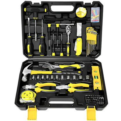 108-piece carbon steel tool set with sockets, wrenches, bits, tape measure, and hammer in toolbox