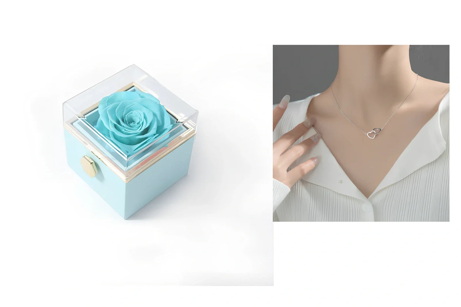 Acrylic rotating rose jewelry box in sapphire blue, 10cm diameter with three-layer storage and carrying bag