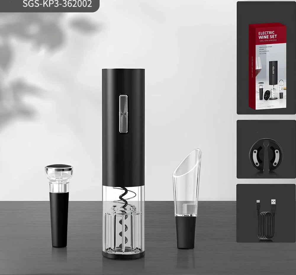 Black electric wine bottle opener set with decanter, foil cutter, and vacuum stoppers in storage base