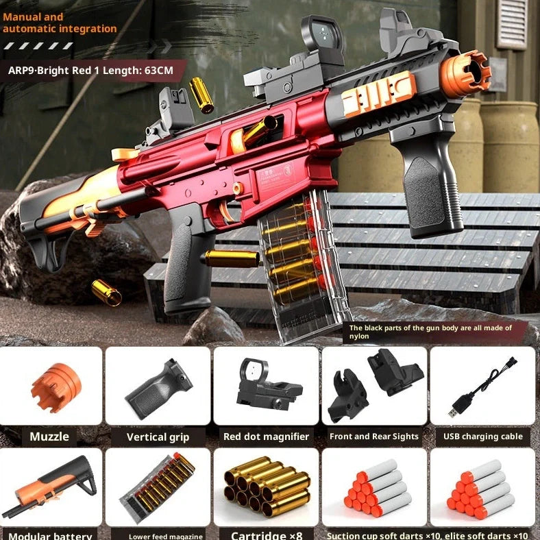 AMT ARP9 red soft bullet gun with vertical grip and red dot sight attached, 63cm length