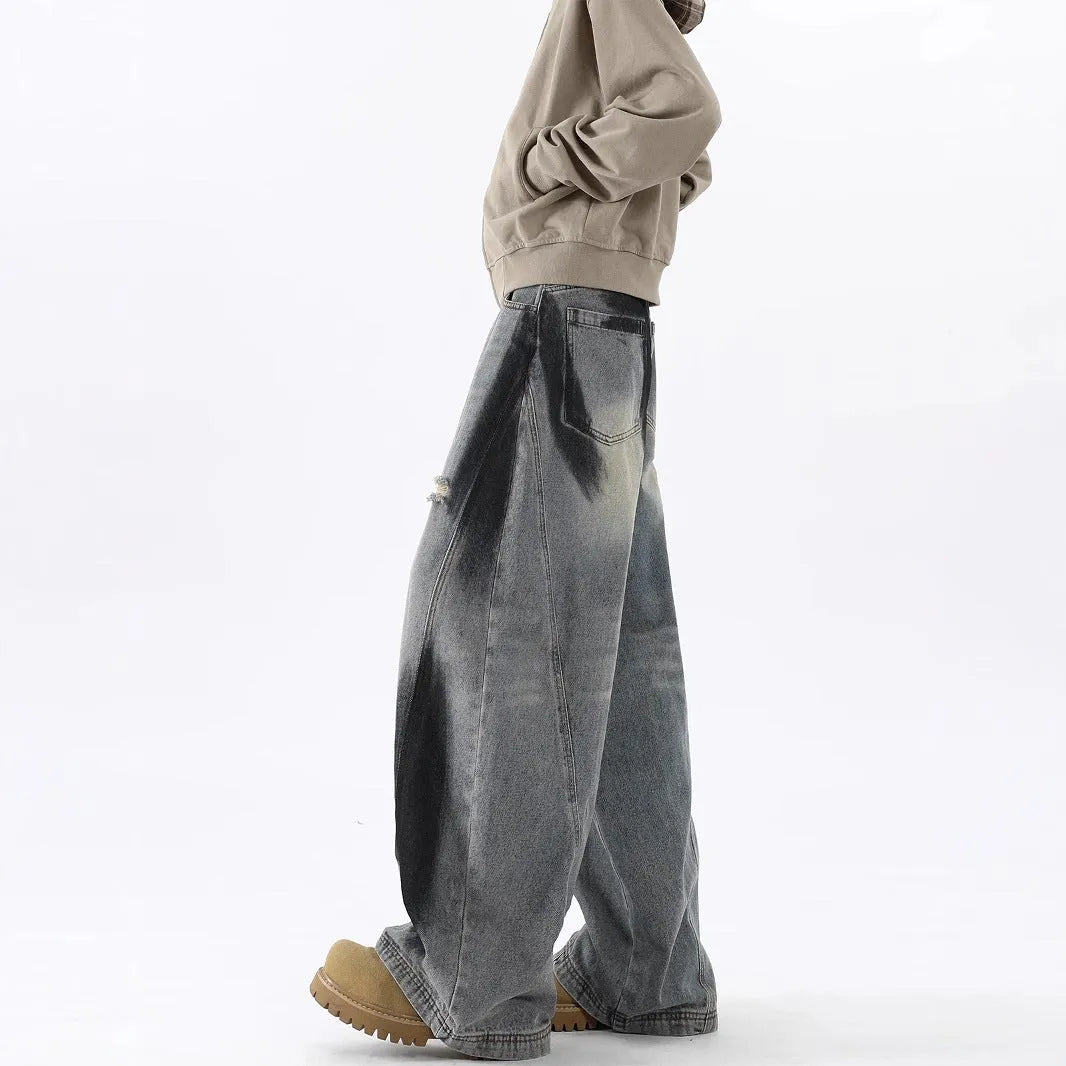 Men's blue American-style ripped jeans with splash-ink pattern and micro elastic cotton fabric