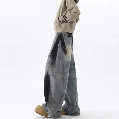 Men's blue American-style ripped jeans with splash-ink pattern and micro elastic cotton fabric