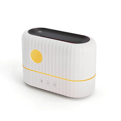 White H9 flame simulation humidifier with 280ml tank on desk, showing ultrasound mist and LED flame effect for aromatherapy