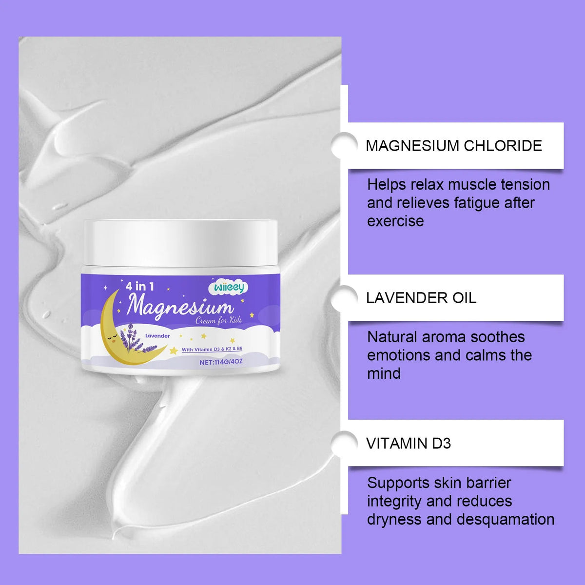 114g jar of 4-in-1 magnesium cream for kids with magnesium chloride and vitamins