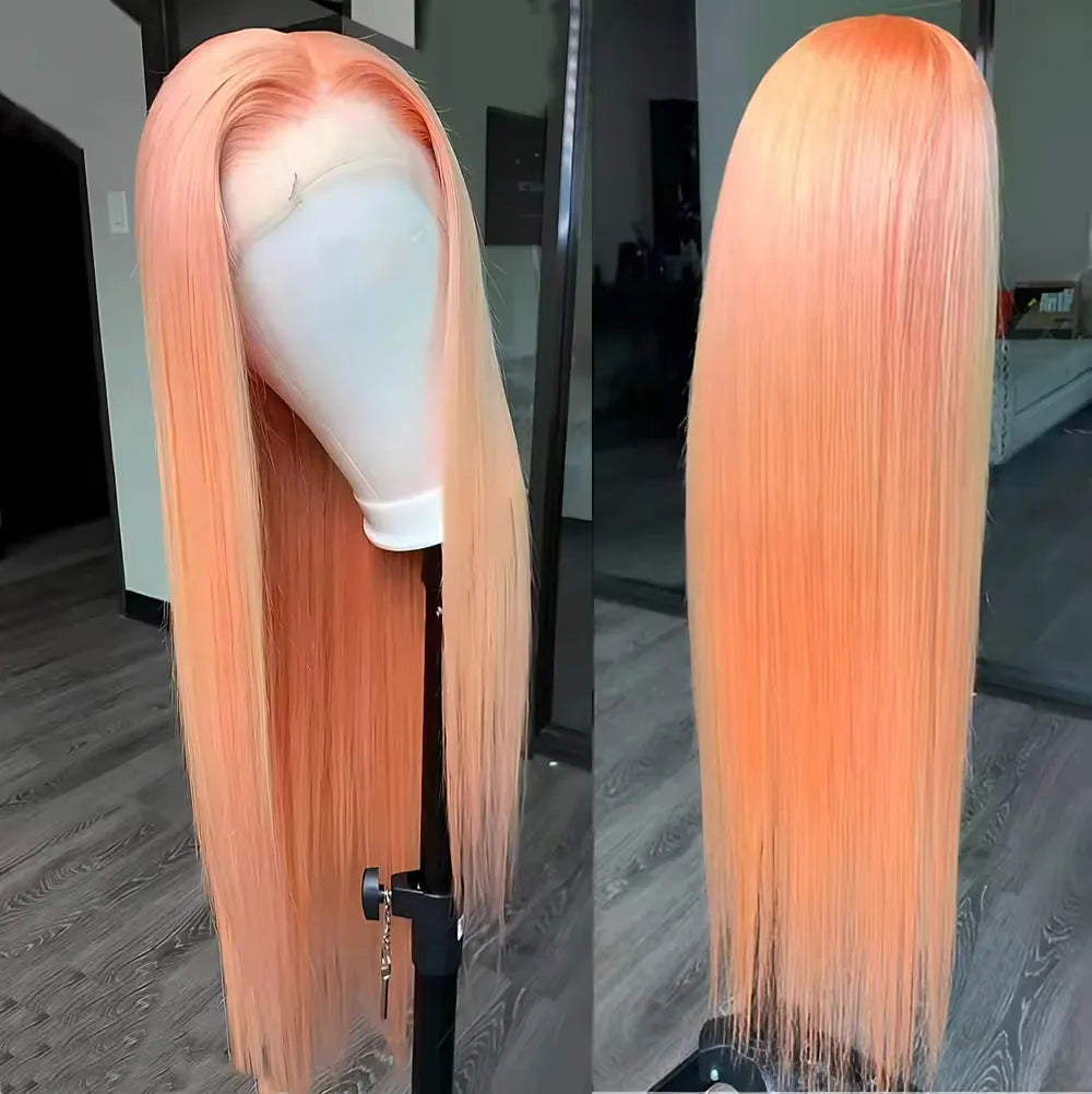 Light orange long straight synthetic lace front wig with a side fringe, shown on a mannequin head.