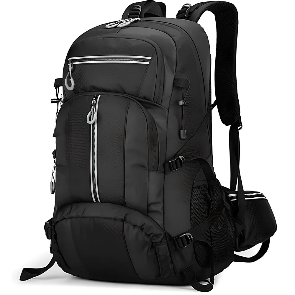Black 50-litre fishing backpack with multiple compartments and adjustable shoulder straps
