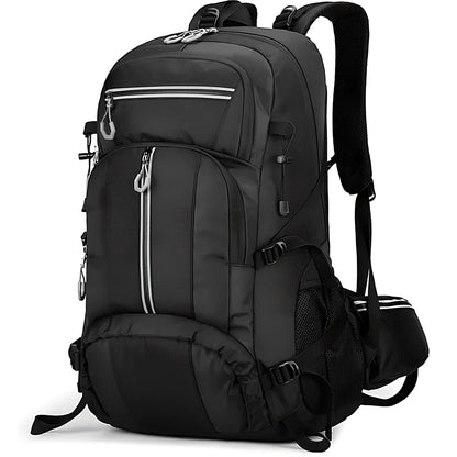Black 50-litre fishing backpack with multiple compartments and adjustable shoulder straps
