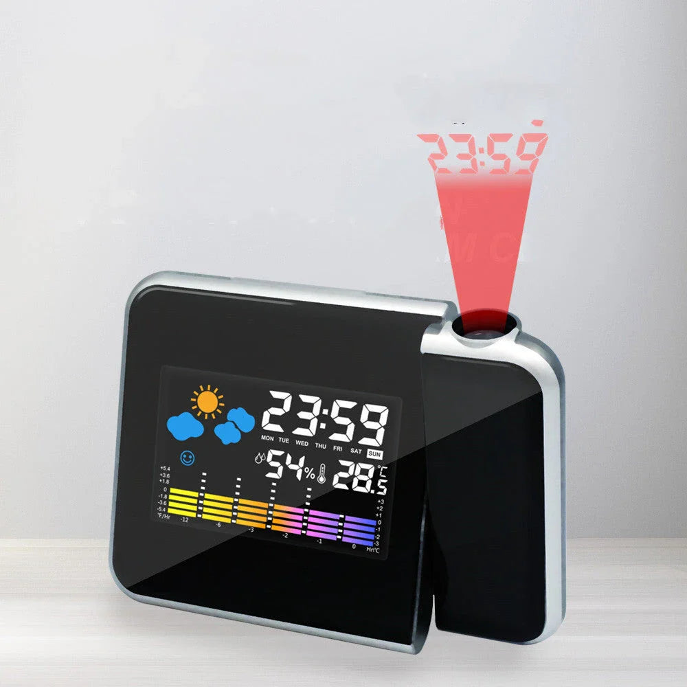 Multifunctional digital alarm clock with projection display, thermometer, hygrometer, and weather forecast