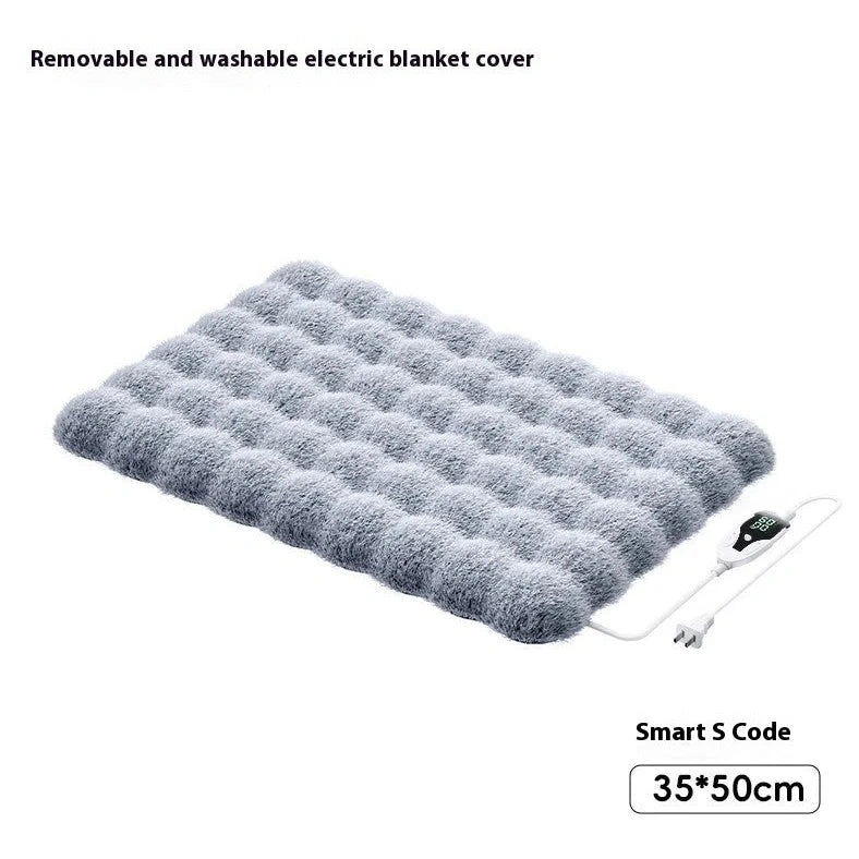 Gray pet electric blanket with intelligent temperature control for cats and dogs showing four size options