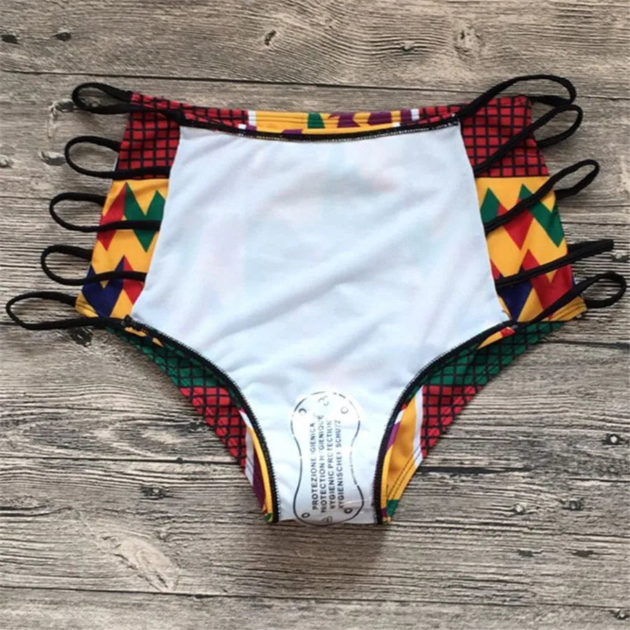 Women's digital print split bikini swimsuit with high-waist briefs and backless design