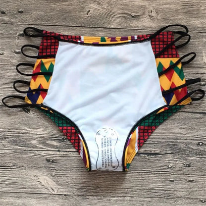 Women's digital print split bikini swimsuit with high-waist briefs and backless design