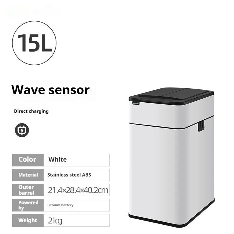 Inductive ashbin smart trash can with automatic lid, stainless steel construction, and square bucket shape