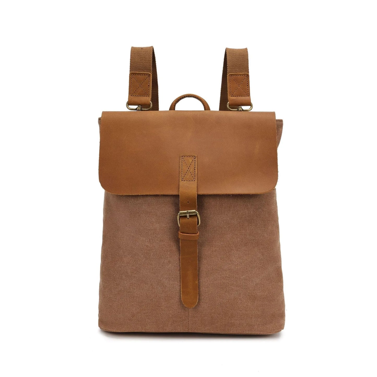 Crazy Horse leather trimmed waterproof canvas backpack in minimalist style, shown in multiple colour options.