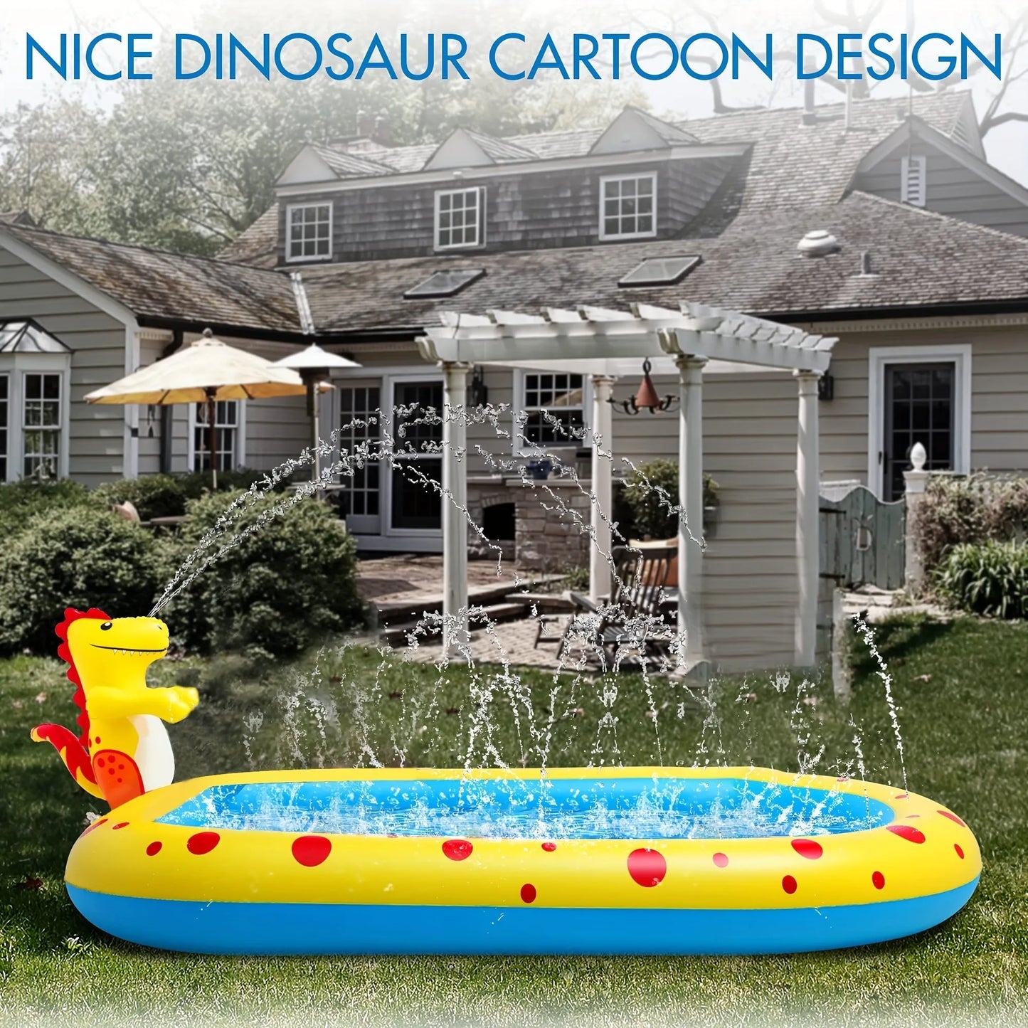Blue dinosaur inflatable water spray pool measuring 170cm long for children's outdoor play