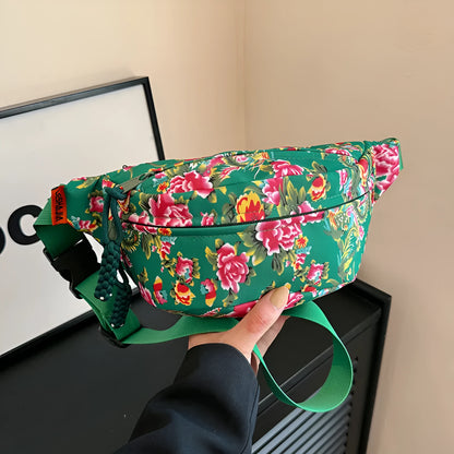 Women's floral western-style waist bag in nylon with three-dimensional pockets