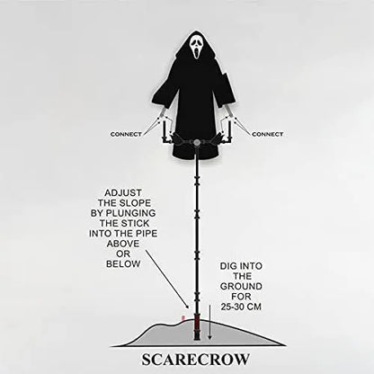 Plastic skeleton scarecrow with screaming skull design measuring 70cm tall for Halloween gardens