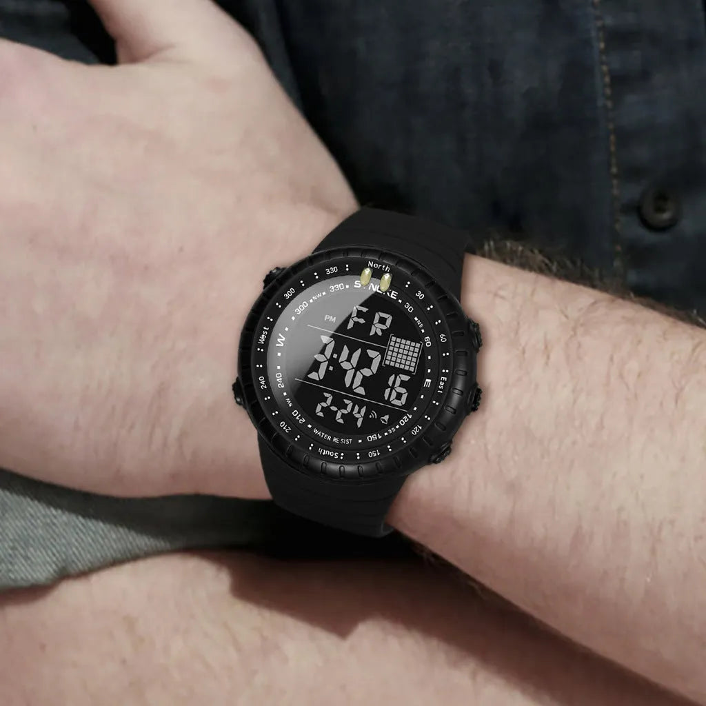 Black waterproof outdoor electronic watch for men with 54.74mm dial and adjustable PU strap on wrist