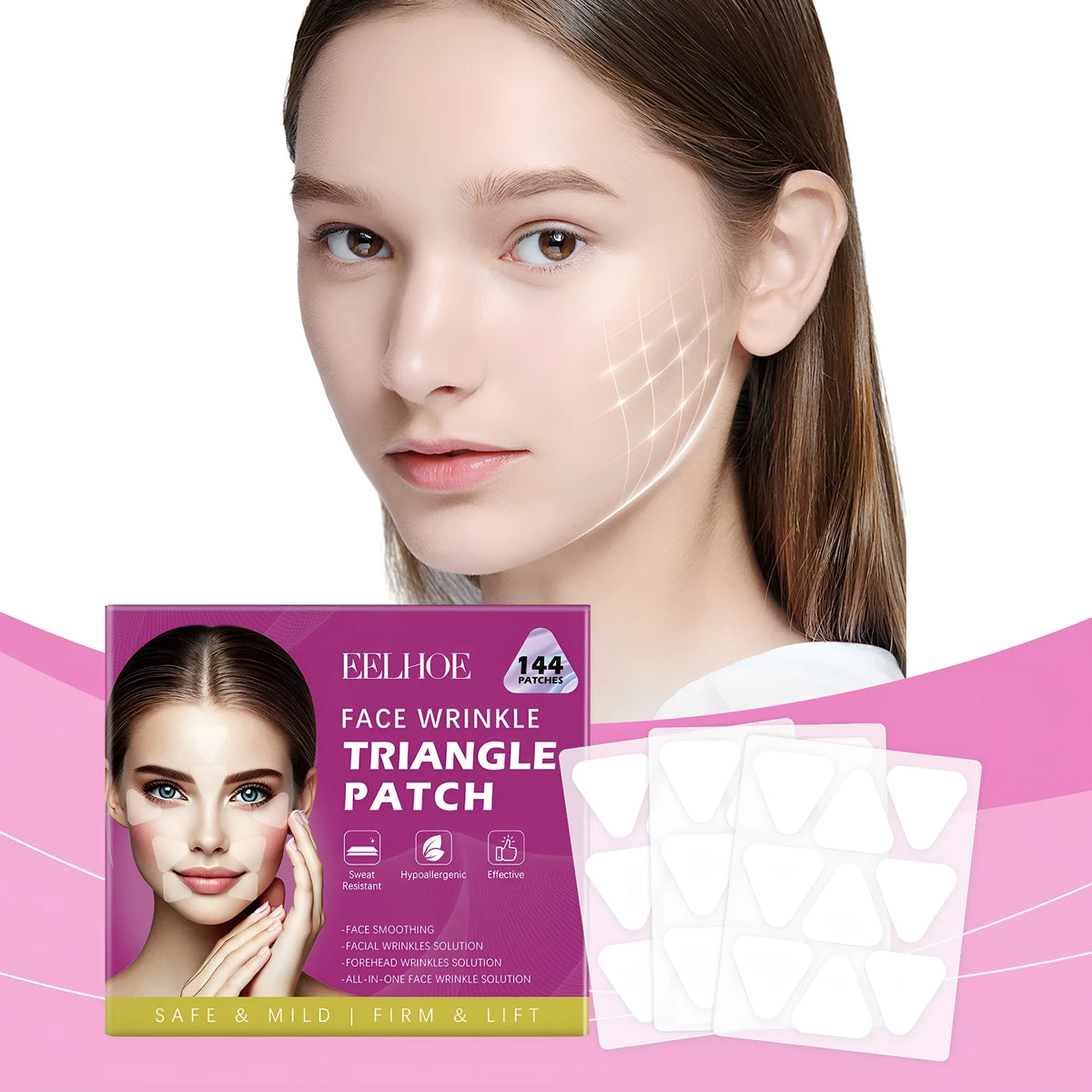 Pack of 144 hyaluronic acid facial adhesive patches for fine line nursing care.