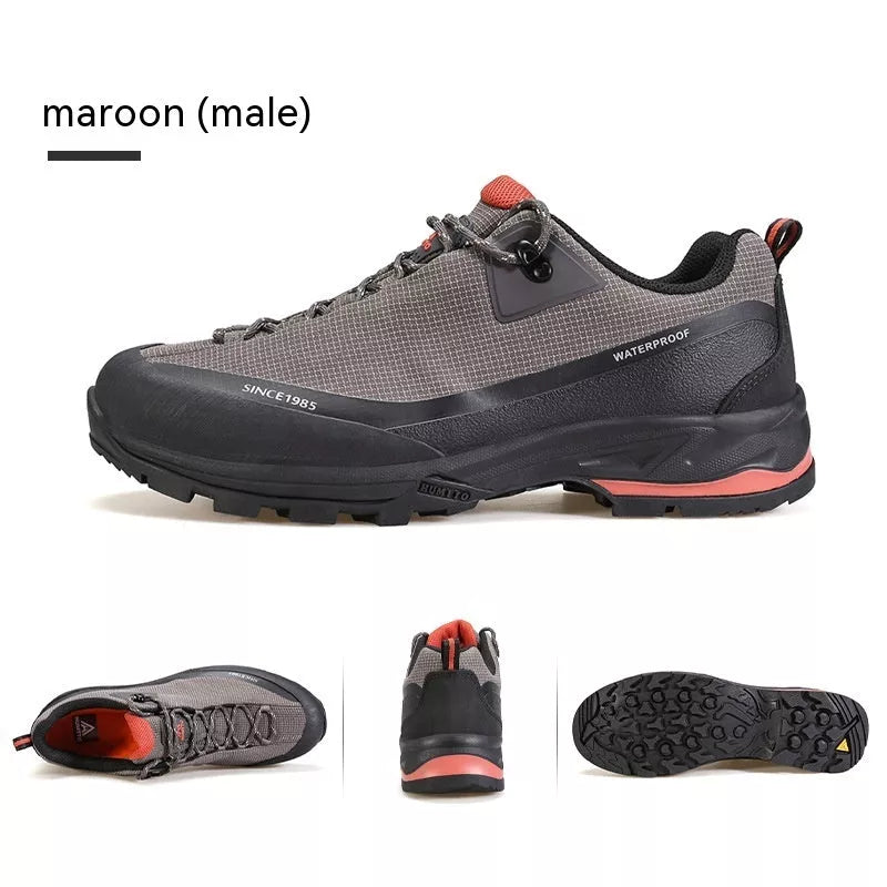 Men's low-top mountain climbing shoes with non-slip rubber sole and breathable leather mesh upper