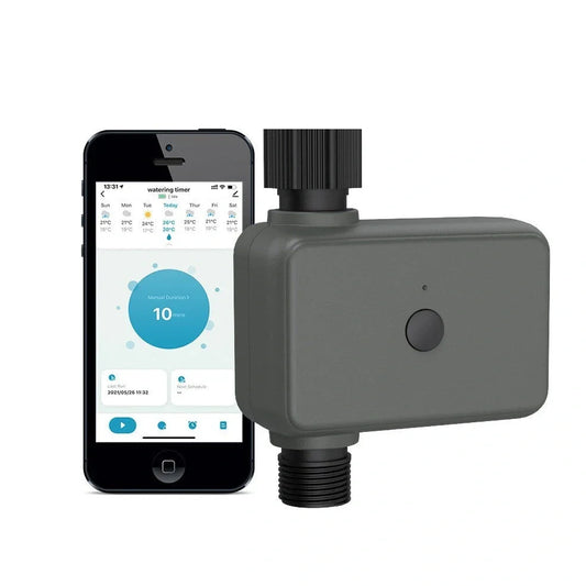 Smart garden irrigation water valve with brass fittings and compact 12cm housing for automated watering control