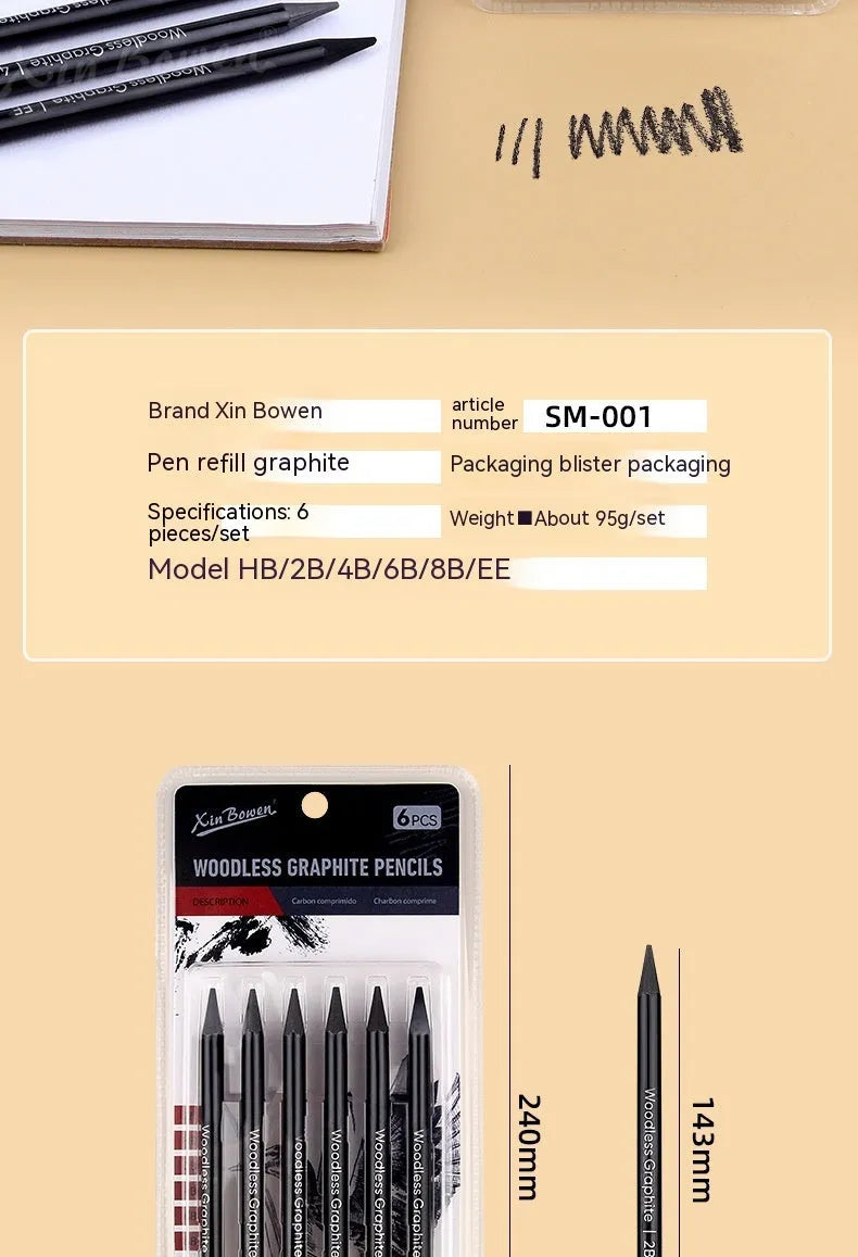 Wood-free graphite sketching pencils in six hardness grades: HB, 2B, 4B, 6B, 8B, EE with solid graphite cores