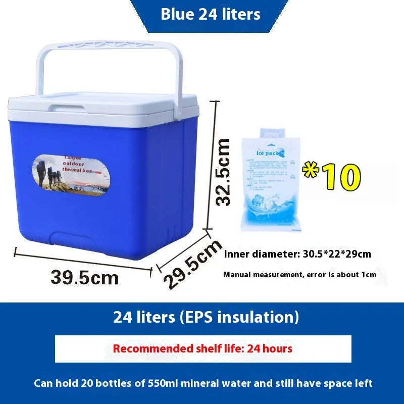 Blue aluminium foil insulated portable cooler box with multiple capacity size options.