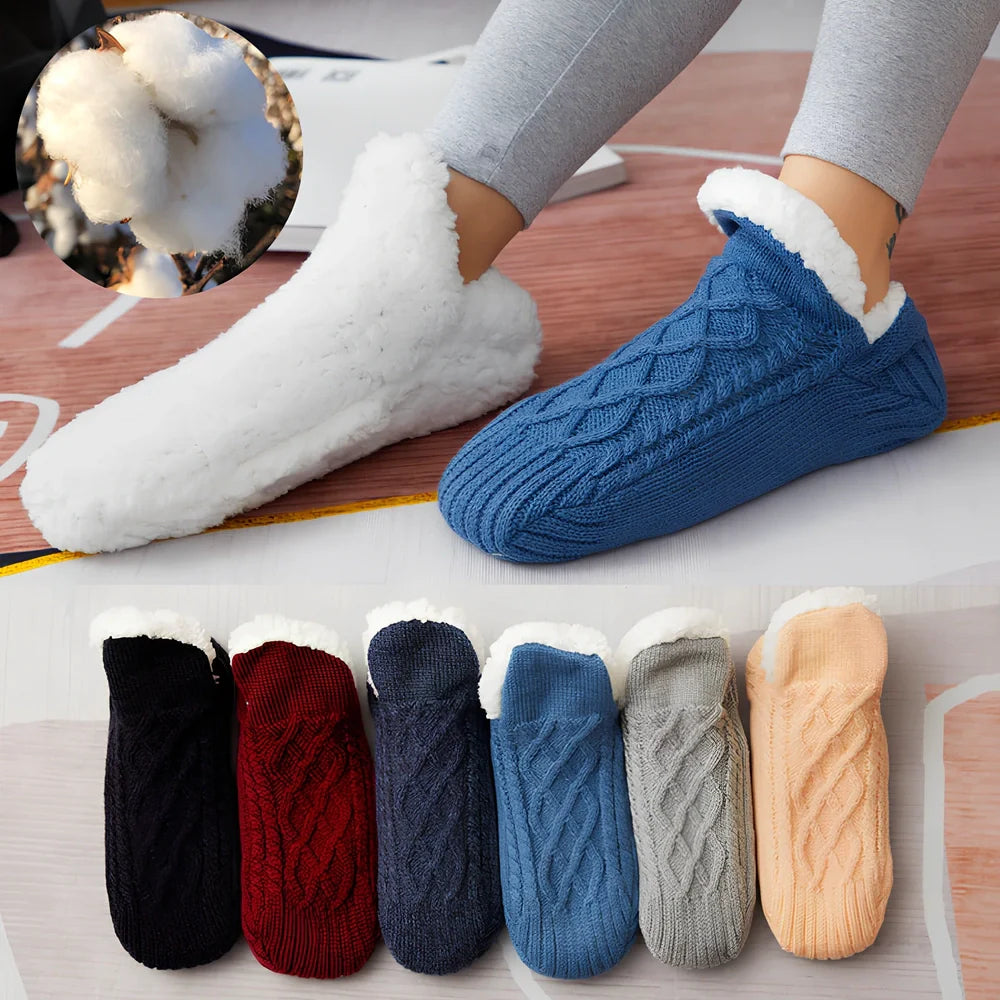 Winter woolen socks with V-opening design and anti-slip dots on soles in navy blue colour