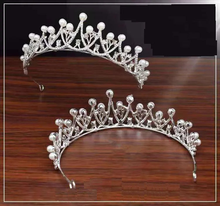 Silver pearl bridal tiara crown with white crystal, adult and children sizes, alloy electroplated