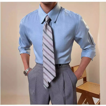 Men's slim fit business casual shirt with round collar in light blue and dark blue colour options