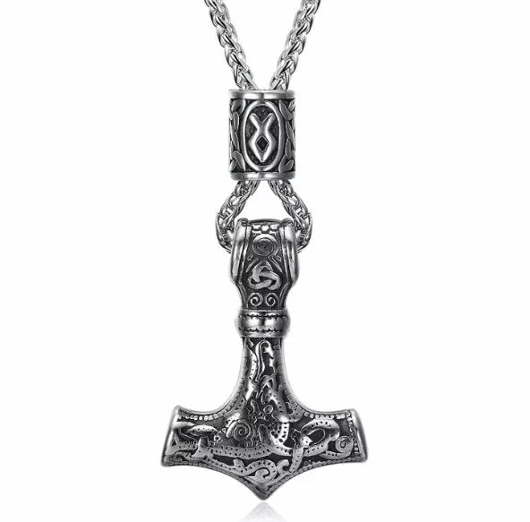 Nordic Vikings Hammer Rune Pendant Necklace for men in stainless steel and titanium steel