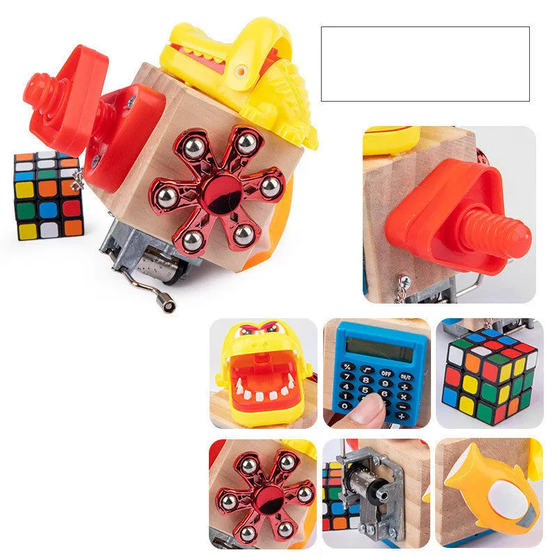 Wooden Busy Board 7-in-1 Educational Toy for Toddlers with Locks, Spinning Tops, and Rubik's Cube-Style Puzzle, 15x11x13.5cm Hand-Eye Coordination and Unlocking Skills