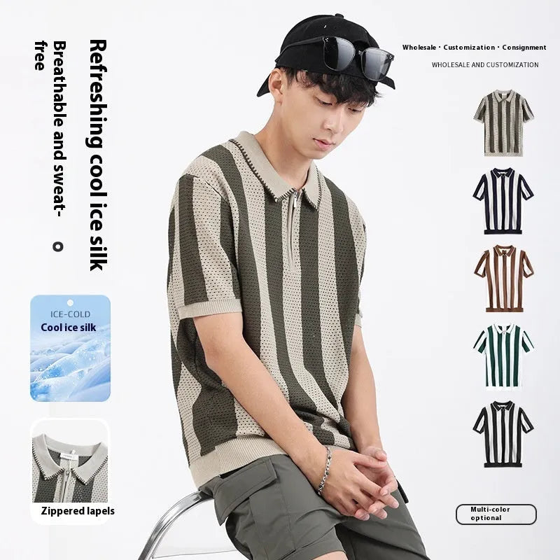 Men's short sleeve ice silk sweater with zipper decoration in striped pattern, available in multiple colours and sizes