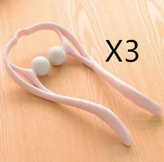 Plastic swan-shaped neck massager in pink, blue, or green with adjustable width and 3D floating-point rollers