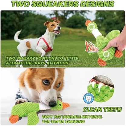Blue plush duck dog toy with two squeakers, measuring 33 cm, for chewing and teeth cleaning