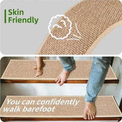 Japanese-style solid colour linen-like stair mat with rubber bottom on a wooden step.