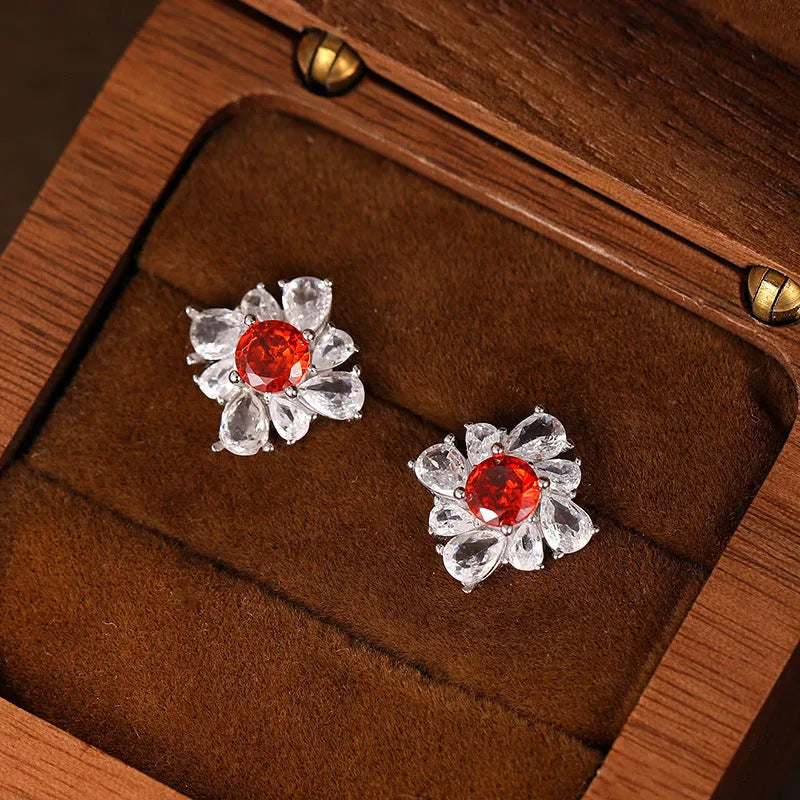 925 silver retro geometric U-shaped earrings in pigeon red with white gold electroplating