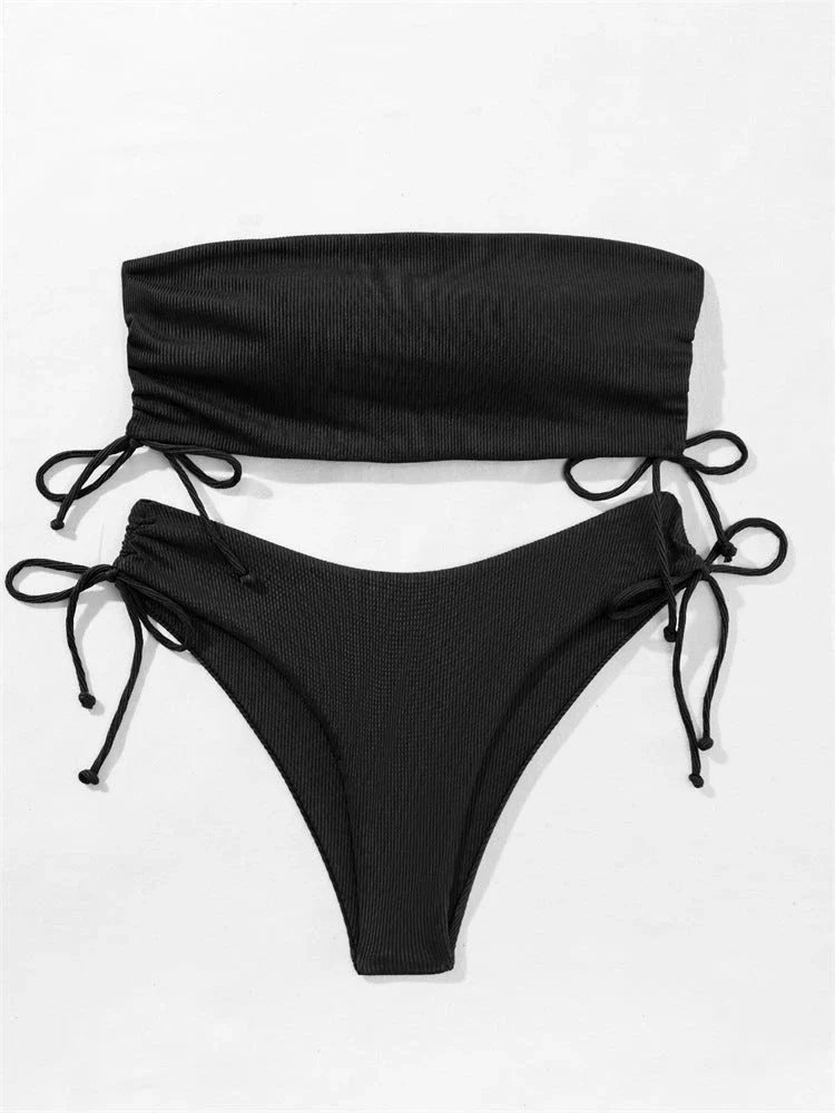 Stylish drawstring tube bikini in various solid colors for summer beach fun and parties