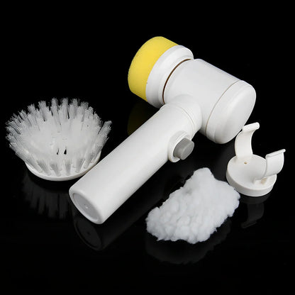 Electric cleaning brush with five interchangeable heads for kitchen and bathroom cleaning tasks