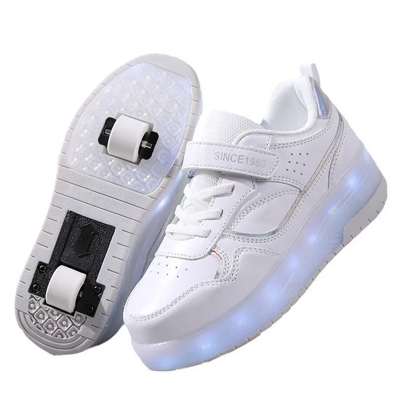 Children's charging flash roller skates with LED lights in pink, white, purple, and black colour options