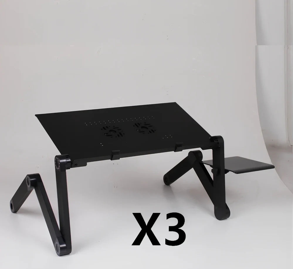 Black aluminium folding computer desk with adjustable legs and non-slip baffles for laptop stability