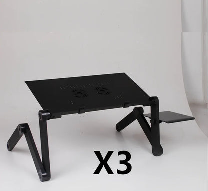 Black aluminium folding computer desk with adjustable legs and non-slip baffles for laptop stability
