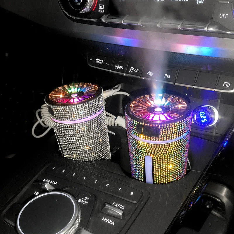 Luxurious car humidifier with LED lights, ultrasonic atomization, and aromatherapy diffuser capabilities for a calming in-vehicle experience
