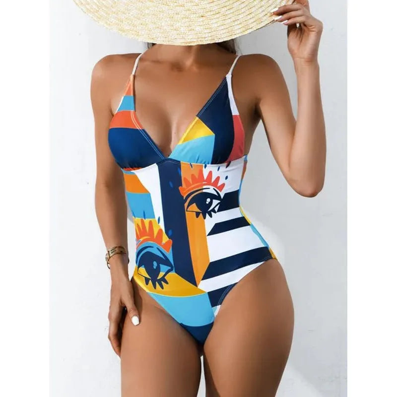 Women's plus size printed one-piece swimsuit bikini in solid colour polyester spandex with high elasticity for European and American styling in blue green pink purple backless sexy style.