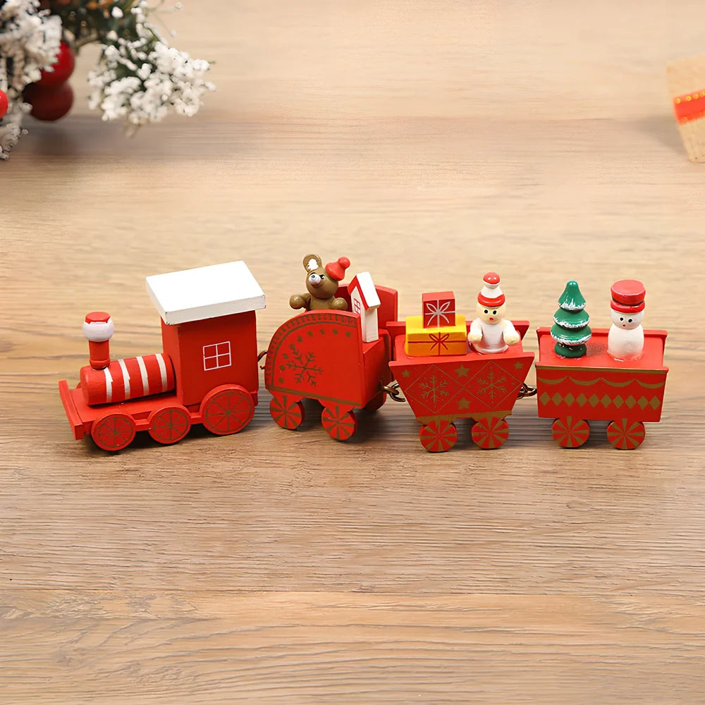 Christmas wooden train window decoration with manual craftsmanship and cartoon styling