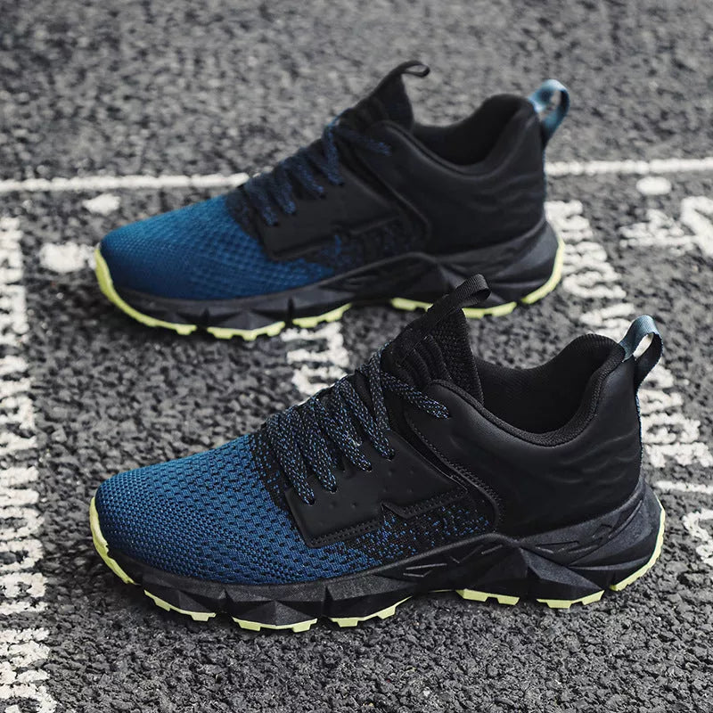 Men's breathable outdoor mountaineering sneakers in gray, blue, and navy blue