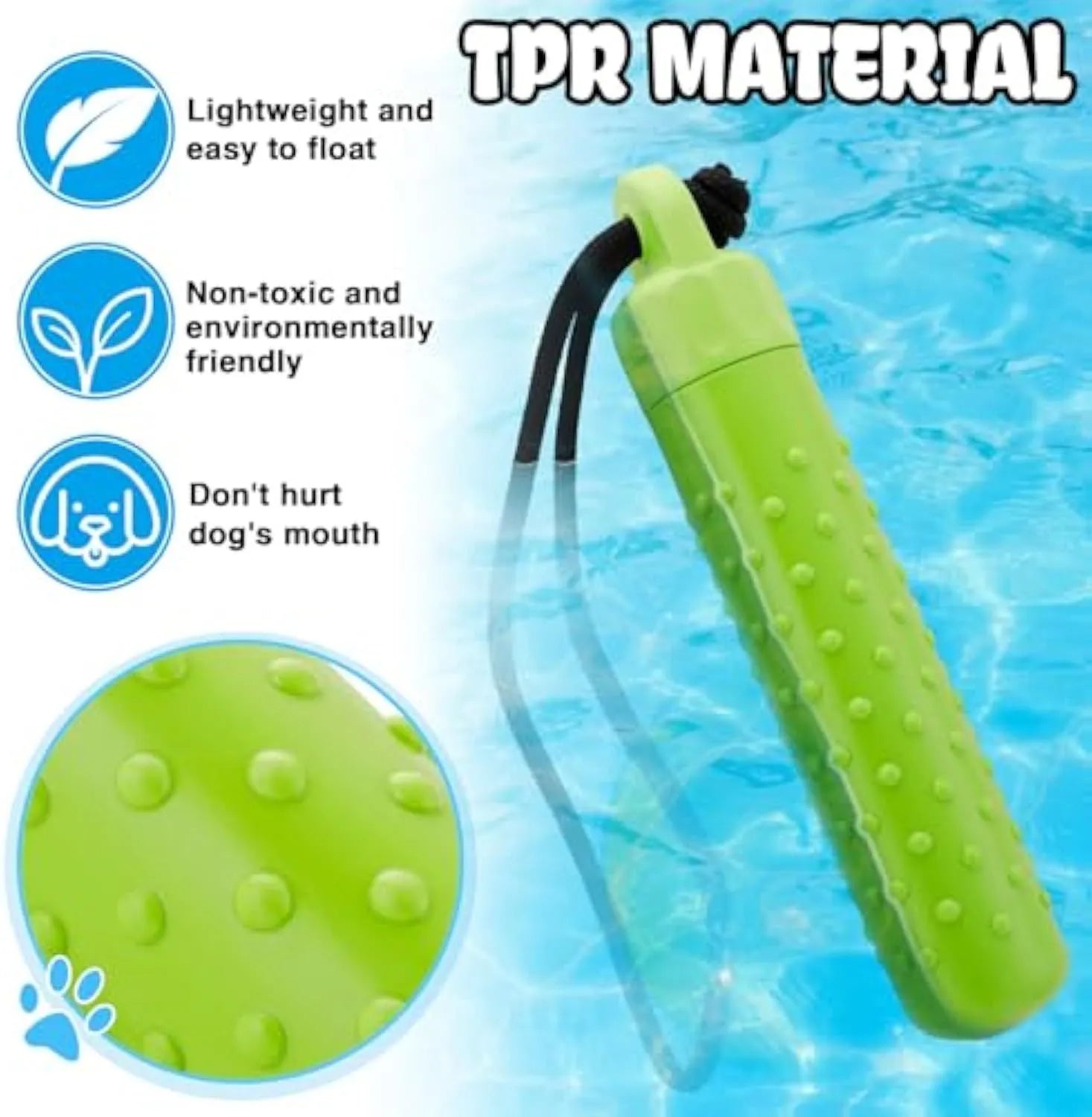 Two bright red and green floating TPR dog toys with ropes for water fetch and food hiding.